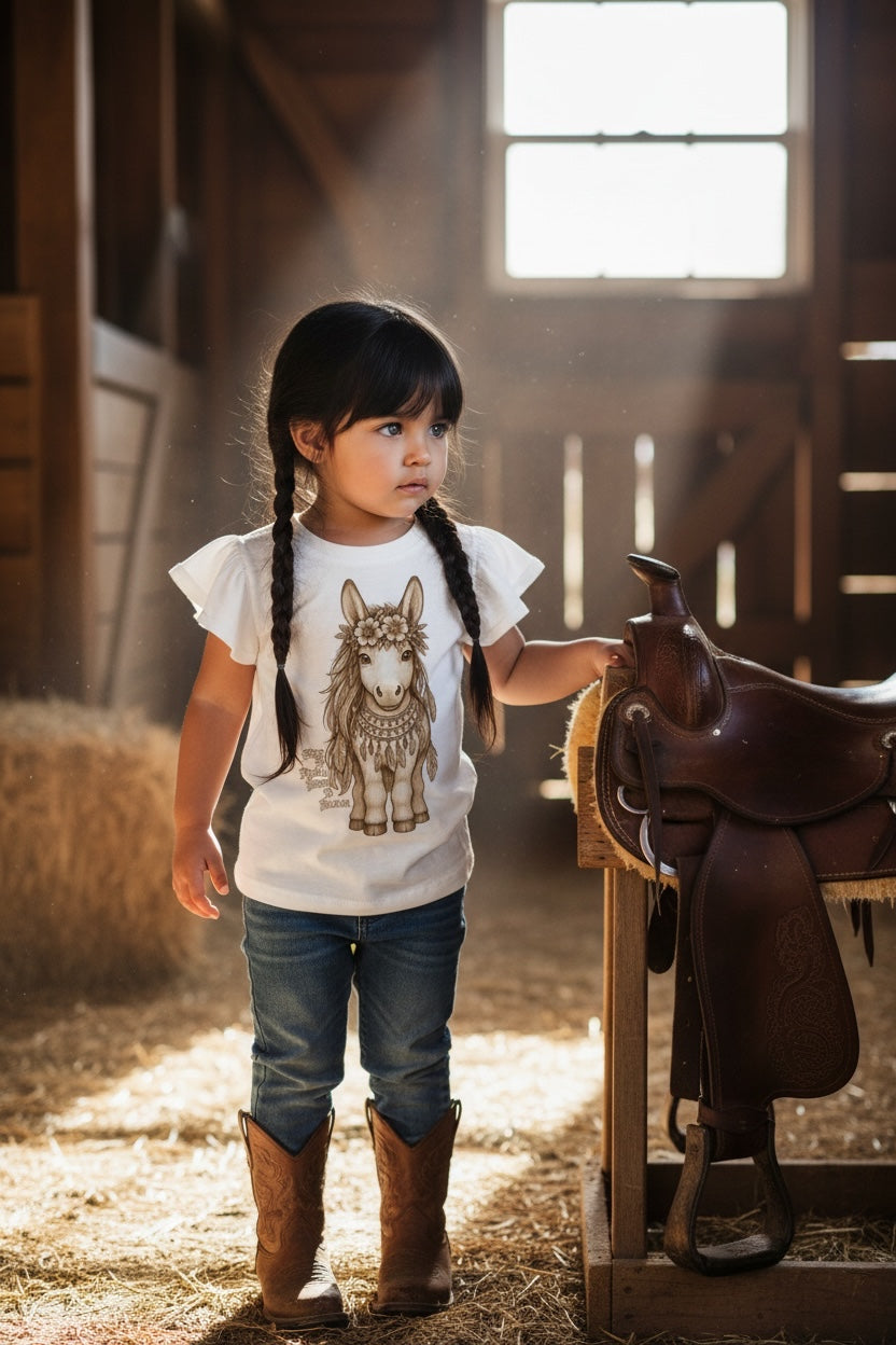 Young girl with dark braided pigtails wearing cowboy boots standing beside a leather saddle in a sunlit barn wearing Fox and Form Meadow the Boho Pony white flutter sleeve tee with hand-illustrated boho pony design and Free to Roam Born to Bloom script