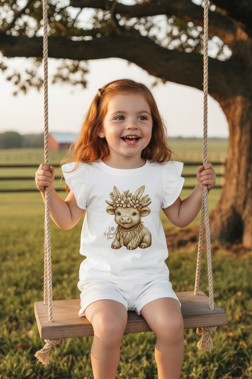 Smiling toddler girl with red hair sitting on a rope tree swing in a golden sunset pasture wearing Fox and Form Thistle the Boho Highland Calf white flutter sleeve tee with hand-illustrated boho highland calf design and Little Highland Heart script