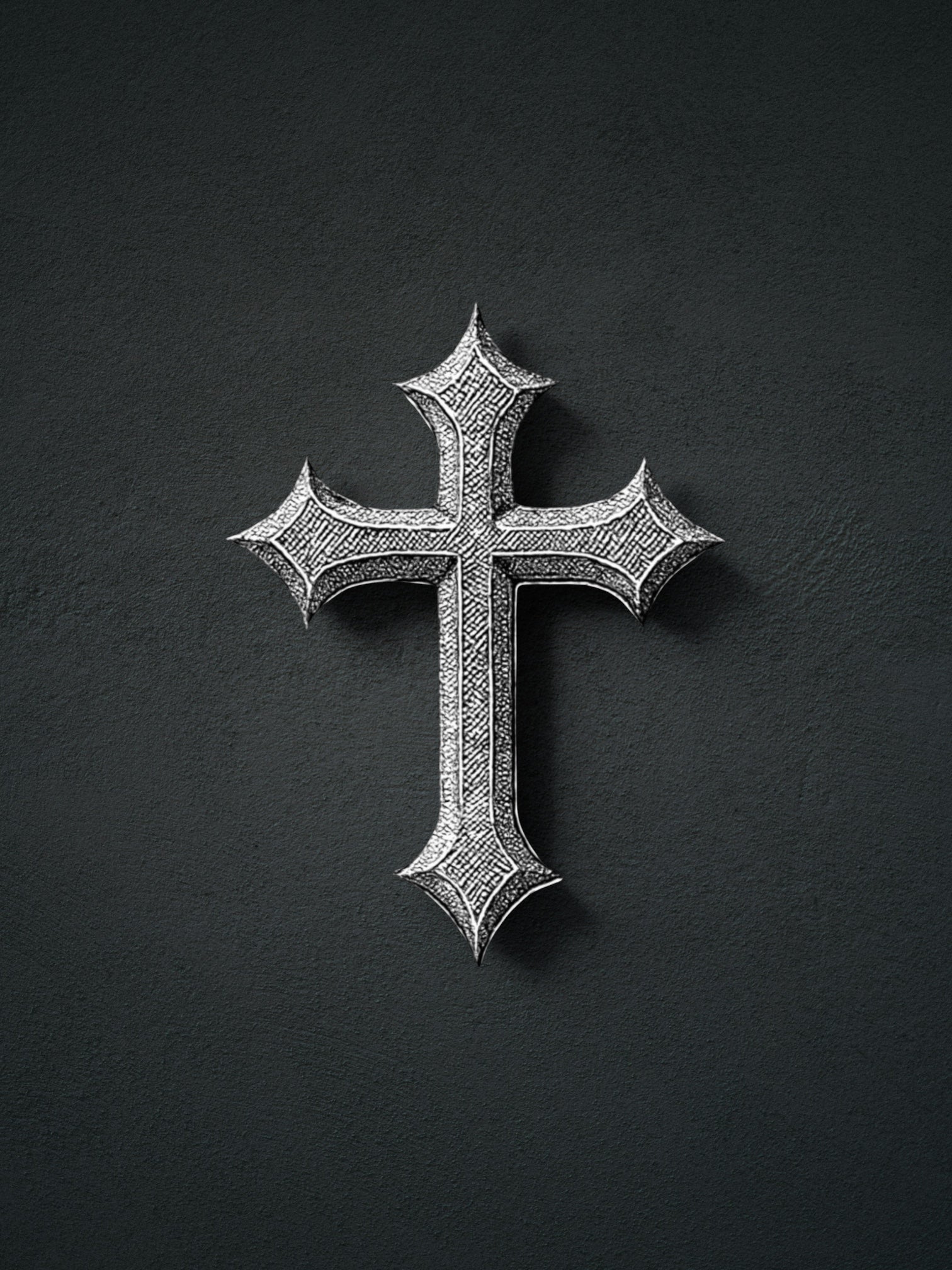Fox and Form original hand-drawn etched illustration of an ornate cross in black, grey, and white etched colors — the signature artwork for The Cross collection
